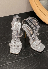 (Real Image)2024 Styles Women Strap Sandals with Transparent Bands and Rhinestones on a Square-Toe Thin High Heels