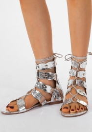 (Real Image)2024 Styles Women Luxurious Hand-Embellished Silver Stud High-Top Roman Gladiator Sandals