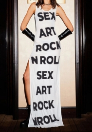 (Real Image)2024 Styles Women Trendy Oversized Letter Print Round-Neck Sleeveless Split Vest Maxi Dress