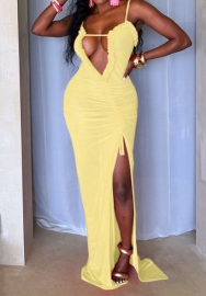 (Yellow)2024 Styles Women Strapless Lace-Up Pleated Drawstring Ruffle Split Maxi Dress