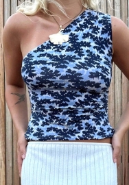 (Blue&Black,Only Tops)2024 Styles Women Asymmetrical Shoulder Multicolor Print Casual Versatile T-Shirt Top