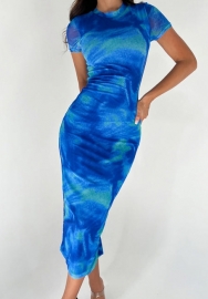 (Blue)2024 Styles Women Multicolor Floral Print Strapless Slimming Short-Sleeved Maxi Dress