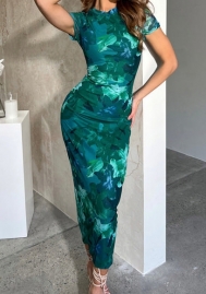 (Dark Green)2024 Styles Women Multicolor Floral Print Strapless Slimming Short-Sleeved Maxi Dress