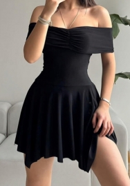 (Black)2024 Styles Women Sexy Off-Shoulder Belly-Covering Exposed-Back Slimming Casual Dress