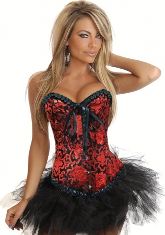 Red Print Satin OverBust CORSET