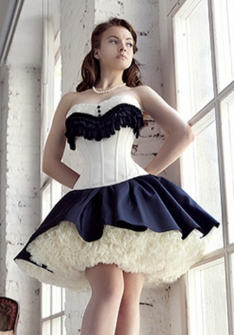 Black White Lace Up Vertical Stripes Lace Front Satin OverBust Steel Boned CORSET Without Skirt