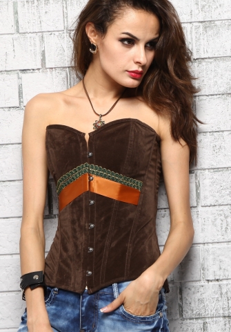 Coffee Stripes Front Cotton OverBust Steel Boned CORSET
