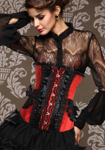 Red Black Ruffle Vertical Stripes Front Satin OverBust Steel Boned CORSET