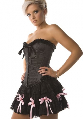 Black Ruffle Front Satin OverBust CORSET
