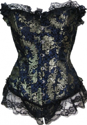 Black Lace Up Print Front Satin OverBust CORSET