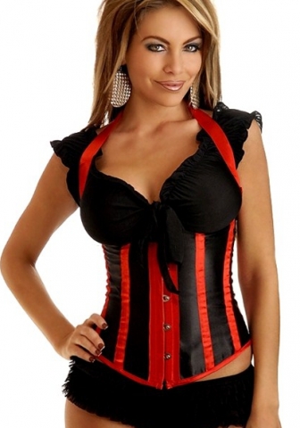 Red Black Halter Vertical Stripes Front Satin OverBust CORSET