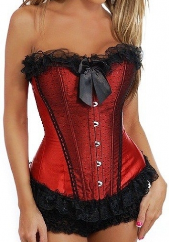 Black Red Lace Up Vertical Stripes Front Satin OverBust CORSET