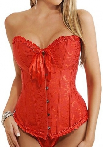 Red Sequin Print Front Satin OverBust CORSET