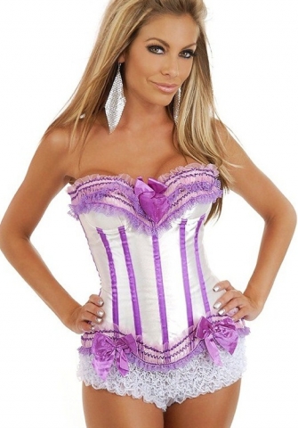 White Purple Bows Vertical Stripes Flower Satin OverBust CORSET
