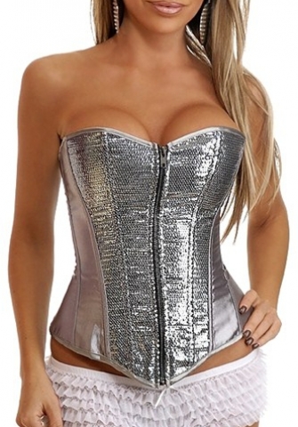 Grey Sliver Sequin Front Leather OverBust CORSET