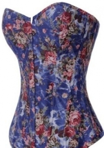 Bule Print Floral Front Flower Cotton OverBust CORSET