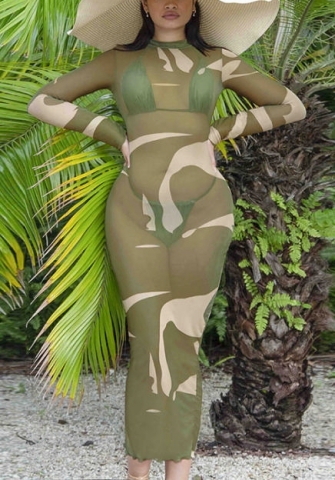 2021 Styles Women Fashion INS Styles Fashion Long Sleeve Mesh Maxi Dress