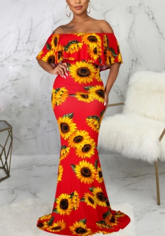 2021 Styles Women Fashion INS Styles Fashion Off Shoulder Print Maxi Dress