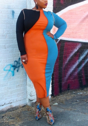 (Plus Size)2022 Styles Women Fashion Spring INS Styles Contrast Color Long Sleeve Maxi Dress