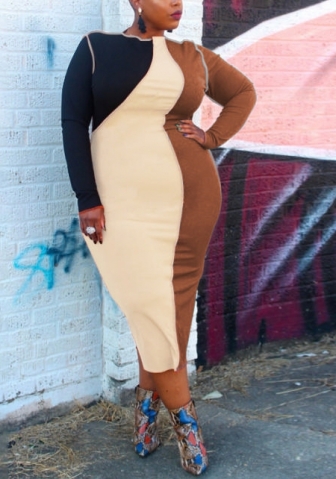 (Plus Size)2022 Styles Women Fashion Spring INS Styles Contrast Color Long Sleeve Maxi Dress