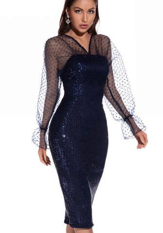 (Real Image)2022 Styles Women Fashion Spring INS Styles Sequin Mesh Long Sleeve Midi Dress