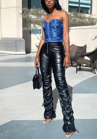 (Only Long Pants)(Real Image)2022 Styles Women Fashion Spring INS Styles PU Long Pants