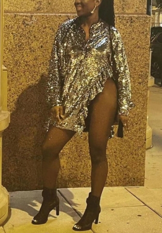 (Golden)2022 Styles Women Fashion Spring INS Styles Long Sleeve Irregular Mini Dress