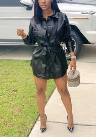 (Real Image)2022 Styles Women Fashion Spring INS Styles PU Ruffle Long Sleeve Mini Dress