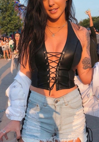 (Real Image)2022 Styles Women Fashion Spring INS Styles PU Lace Up Tops