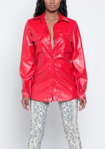 (Only Tops )(Real Image)2022 Styles Women Fashion Spring INS Styles PU Shirts