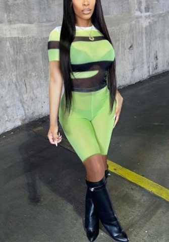 (Real Image)2022 Styles Women Fashion Spring INS Styles Mesh Print Short Sleeve Tops and Short Pants 2 Piece Suit