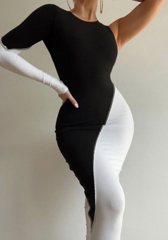 2022 Styles Women Sexy Spring INS Styles Contrast Color Single Long Sleeve Maxi Dress