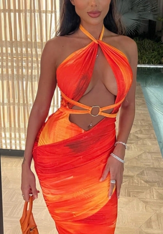 (Real Image)2022 Styles Women Fashion Summer INS Styles Orange Cut OUt Maxi Dress
