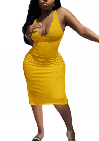 2022 Styles Women Fashion Summer INS Styles Solid Color Rib Midi Dress