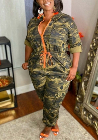 2022 Styles Women Fashion Summer INS Styles Front Zipper Camouflage Long Sleeve Jumpsuit
