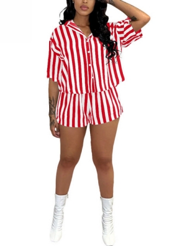 2022 Styles Women Fashion Summer INS Styles Striped Short Two Pieces Suit  Short Sleeve Shirts Tops + Short Pants