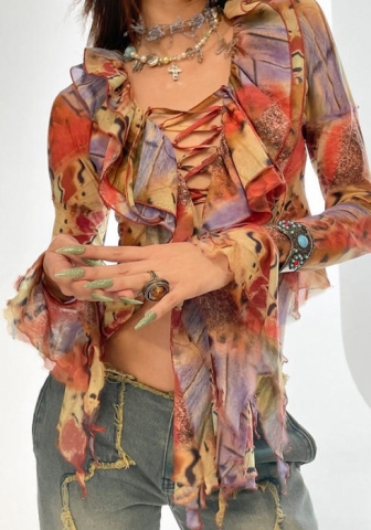 (Real Image)2022 Styles Women Fashion Summer INS Styles Floral Lace Up Long Sleeve Blouses