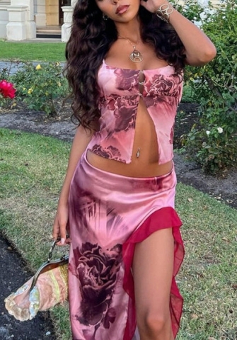 2022 Styles Women Fashion Summer INS Styles Print  Floral Two Piece Suit Dress