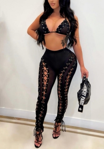 (Real Image)2022 Styles Women Fashion Summer INS Styles Mesh Bar + Long Pants 2 Piece Suit