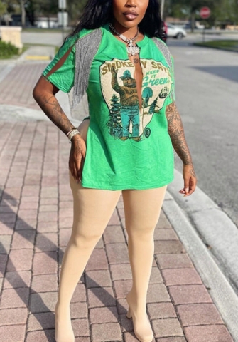 (Only Tops)(Real Image)2022 Styles Women Fashion INS Styles Print Double Shoulder Tassel Tee