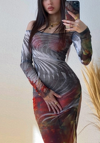 (Real Image)2022 Styles Women Fashion INS Styles Print Off Shoulder Maxi Dress