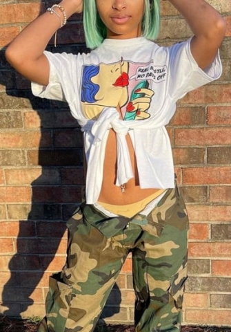 (Only Tops)(Real Image)2022 Styles Women Fashion INS Styles Print Ripped Tee Tops