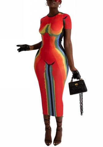 2022 Styles Women Fashion INS Styles Print Short Sleeve Maxi Dress