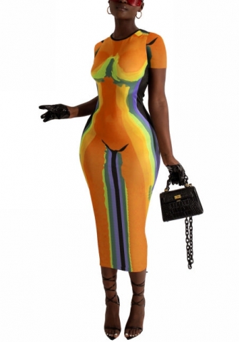 2022 Styles Women Fashion INS Styles Print Short Sleeve Maxi Dress