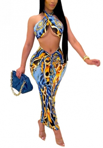 (Real Image)2022 Styles Women Fashion INS Styles Print Bandage Two Piece Maxi Dress