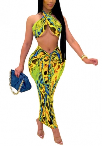 (Real Image)2022 Styles Women Fashion INS Styles Print Bandage Two Piece Maxi Dress