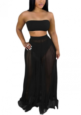 (Real Image)2022 Styles Women Fashion INS Styles Mesh Tube Tops+Maxi Skirts Two Piece Dress