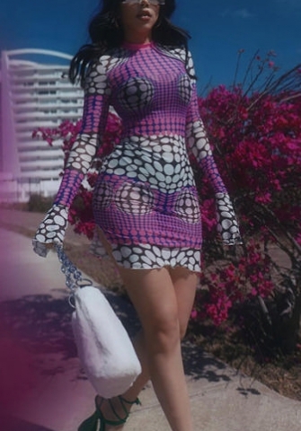 (Real Image)2022 Styles Women Fashion INS Styles Print Flare Long Sleeve Mini Dress
