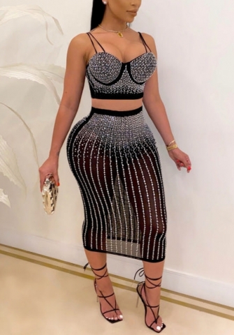(Real Image)2022 Styles Women Sexy INS Styles Mesh Sequin Midi Dress Two Piece Suit