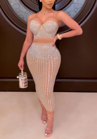 (Real Image)2022 Styles Women Sexy INS Styles Mesh Sequin Midi Dress Two Piece Suit